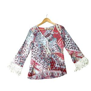 Sundance Top Womens Size L Paisley Boho Long Sleeve Tassel Red Lightweight